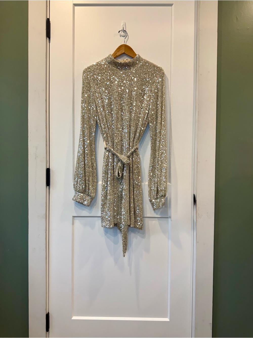 Aakaa Gold Sequin Long Sleeve Tie-Waist Mini Dress